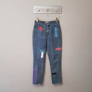 EUC Twik medium wash blue denim jeans w/ multicoloured geometric painted accents